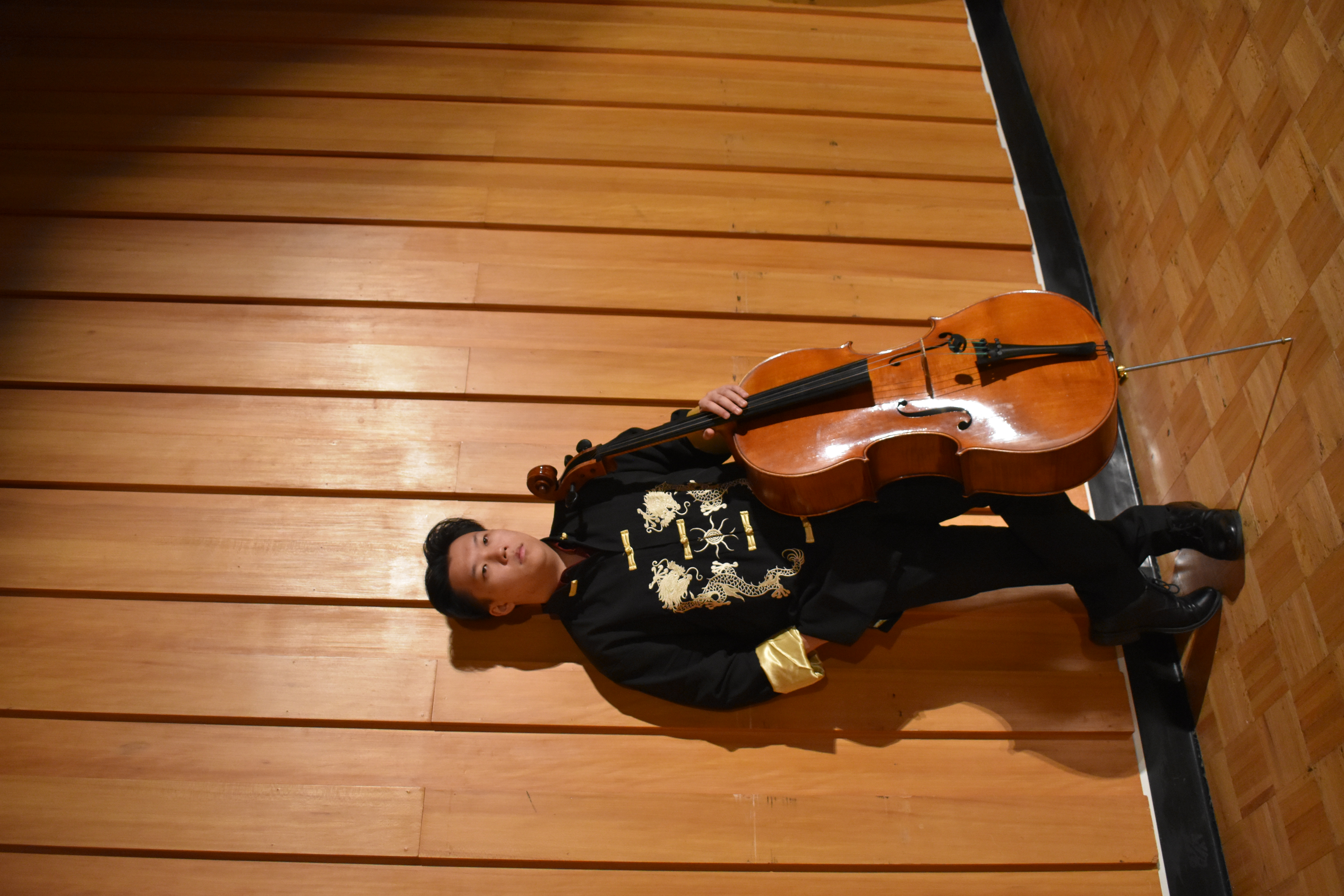 Cello Portrait Against Wood Wall